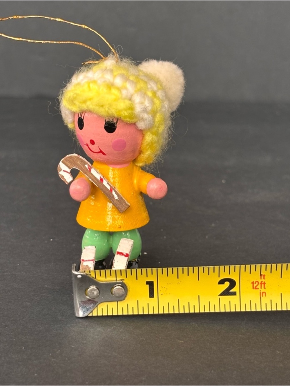 Wood Figure on Skies Christmas Figurine Skier Crochet Hat Vintage 3” Ornament - Picture 7 of 8